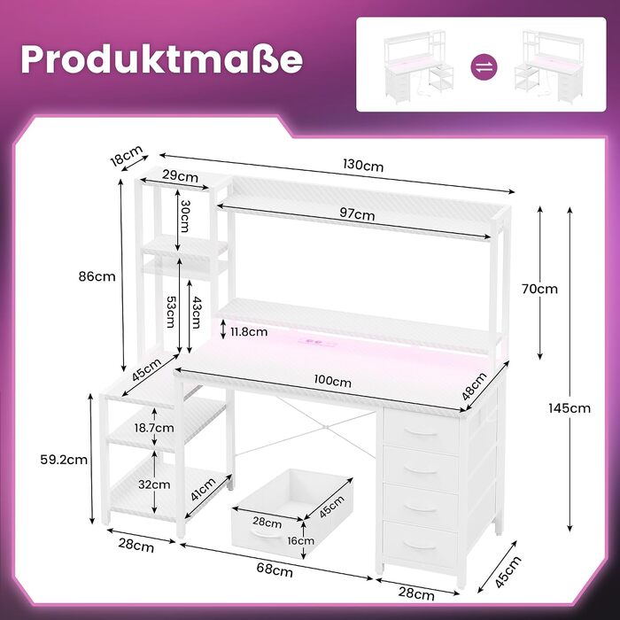 Ігровий стіл YOUDENOVA з шухлядами та полицями, 130x48 см, з LED-підсвіткою, розеткою та USB, стіл для комп'ютера з підставкою для монітора та тримачем для навушників, білий карбон