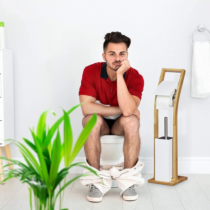 Підлоговий комплект для туалету Relaxdays з бамбука 75x19x19 см, тримач для туалетного паперу і щітка, білий, натуральний
