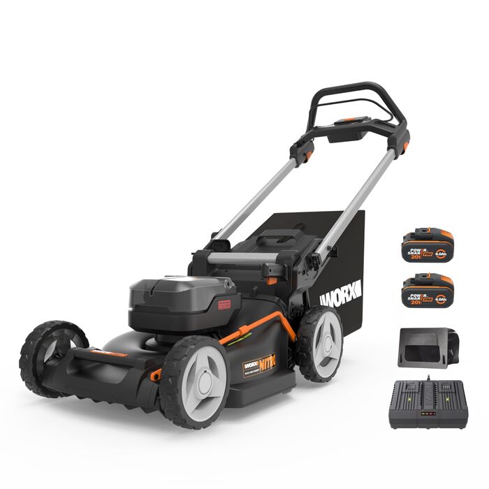 Акумуляторний газонокосарка WORX WG749E 40V PowerShare з радіоприводом, безщітковий двигун, ширина зрізу 46 см, 7 положень висоти зрізу, чорний (Modern), з акумулятором та зарядним пристроєм