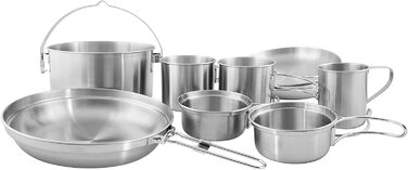 Набір туристичного посуду Tatonka Picnic Set III з нержавіючої сталі, 10 предметів — посуд для пікніка на трьох: каструля, сковорода, тарілки, чашки, кришка, безпечний для їжі, без шкідливих домішок