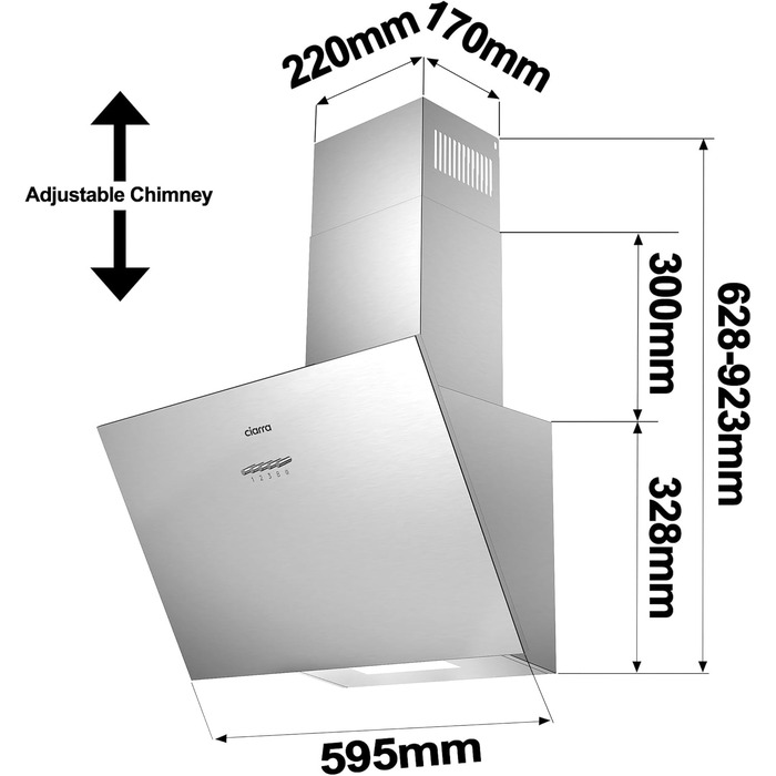 Похила витяжка CIARRA CBCS6762A A+++ 60 см, нержавіюча сталь, продуктивність 650 м³/год, з вугільним фільтром CBCF003, режим рециркуляції та відведення