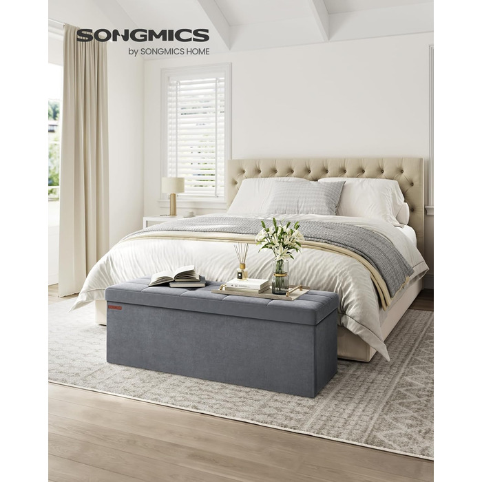 Складаний пуф SONGMICS з місцем для зберігання, оксамитовий, 110x38x38 см, до 300 кг, сіро-грифельний, для вітальні, спальні, передпокою