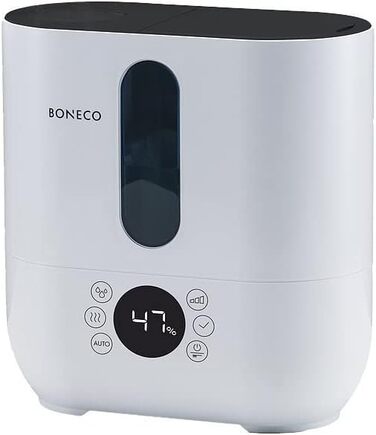 Ультразвуковий зволожувач повітря BONECO U350 з ароматизацією, 5 л, для приміщень до 80 м², автоматичний режим, таймер, функція підігріву, подвійна насадка, водяний фільтр, білий