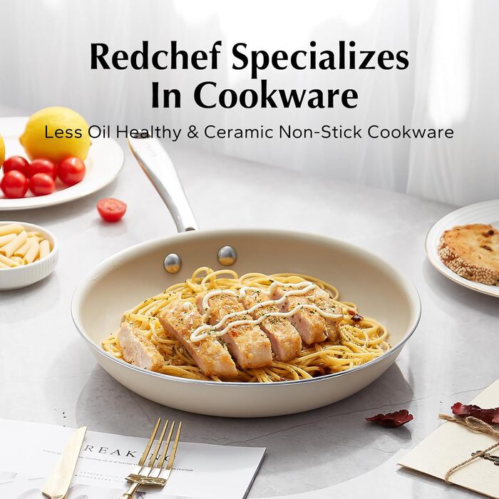 Сковорода Redchef 28 см для індукції з керамічним антипригарним покриттям, без PTFE, PFOA та PFAS, з нержавіючою ручкою, підходить для духовки та посудомийки (бежева)