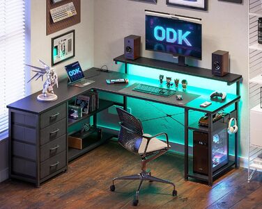 Кутовий комп'ютерний стіл ODK з ящиками, LED-підсвіткою, USB і розетками для геймінгу та домашнього офісу, чорний, 135×110 см