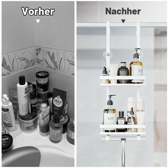 Підвісна полиця для душу без свердління на скляні двері, органайзер для ванної кімнати для шампунів та аксесуарів, нержавіюча сталь (Білий)