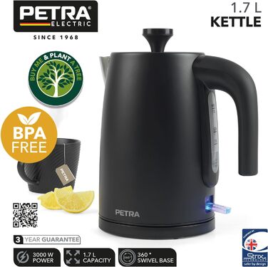 Електрочайник Petra PT5632MBLKVDE 1,7 л, 3000 Вт, BPA-free, індикатор рівня води, антинакипний фільтр, захист від перегріву, обертаюча база