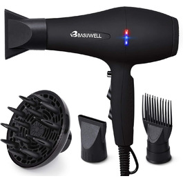 Професійний іонний фен для волосся Basuwell 2100Вт, салонний фен з інфрачервоним нагрівом, 3 режими нагріву, 2 швидкості, низький рівень шуму, AC-мотор, дифузор, чорний