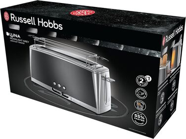 Тостер Russell Hobbs Luna Edelstahl Grau для 2-х скибочок хліба (широкі слоти) з підставкою для булочок, 6 режимів підсмажування, розморожування та підігрів - 23251-56