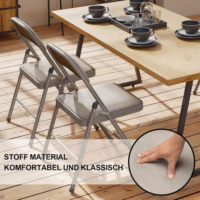 Набір садових стільців (4 шт.) складані та штабелювані, металеві стільці для балкона, тераси та кемпінгу, витримують до 150 кг, колір хакі з м'якими подушками