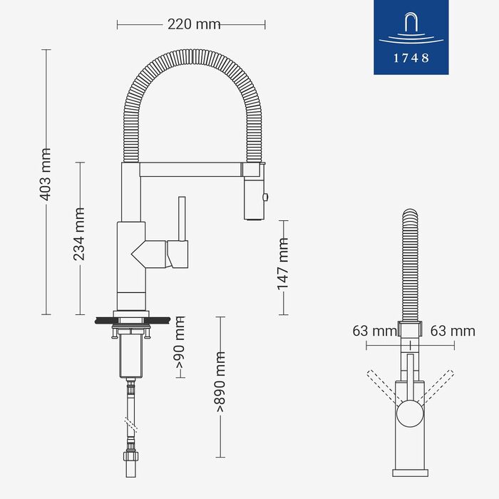 Змішувач кухонний Villeroy & Boch Steel Expert Compact, чорний матовий, з висувним гусаком та перемикачем, висота 147мм