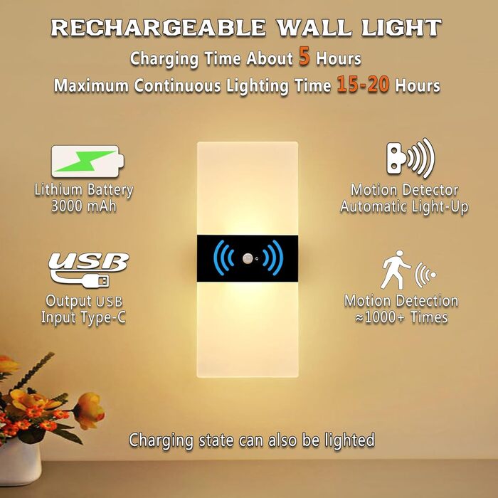 Бездротовий LED настінний світильник VOMI з датчиком руху, акумуляторний, USB зарядка, 4000 мАг, для коридору, сходів, 2 шт, 3000K
