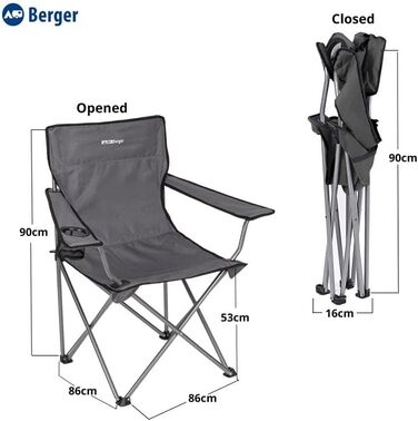 Складний кемпінговий стілець BERGER Easy, м'який, до 100 кг, з підстаканником, легкий, для риболовлі, саду та відпочинку, сірий, у чохлі