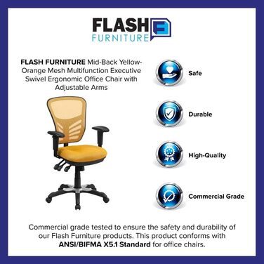 Ергономічне офісне крісло Flash Furniture, жовтогаряче, з регульованими підлокітниками, мультифункціональний комп'ютерний стілець, 68.6x64.8x112.4 см