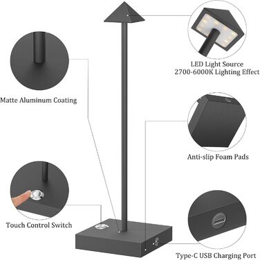 LED настільна лампа Aipsun, 2 шт., димована, акумуляторна, бездротова, антрацит, алюміній, IP54, USB-C, 2700K/4000K/6000K, водостійка