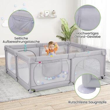 Манеж для немовлят COSTWAY 189x158 см з 50 кульками, 4 кільцями, 4 дверцятами на блискавці, дихаюча сітка, без матраца, світло-сірий