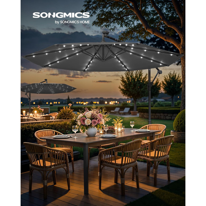 Парасолька SONGMICS з LED-сонячним підсвічуванням, 300 см, 32 LED, з підставкою, сонцезахист UPF 50+, для балкона, тераси, саду, сіра