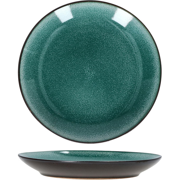 MamboCat Кавовий сервіс 18 предметів Green Reactive Glaze для 6 осіб. Керамічний набір ручної роботи з ефектом м'ятиного кольору та мідною окантовкою (6 чашок, 6 тарілок, 6 десертних тарілок).