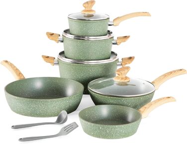 Набір каструль Kitchen Academy з індукційним дном, 12 предметів, зелений граніт, антипригарне покриття, без PFOA і PFOS