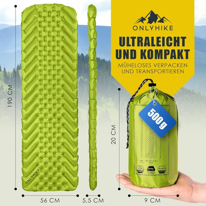 ONLYHIKE® Ізомат ультралегкий для кемпінгу, 500 г, компактний туристичний килимок, зелений, для комфортного сну на природі