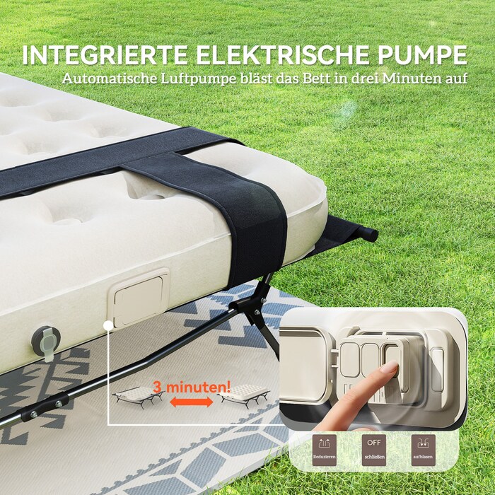 Похідне ліжко Outsunny Camping Bed з насосом для надувного матраца 200 x 153 см Гостьове ліжко з навантаженням до 200 кг Надзвичайно широкий кемпінговий шезлонг для 2 дорослих для кемпінгу Outdoor Garden Travel Чорний+Хакі