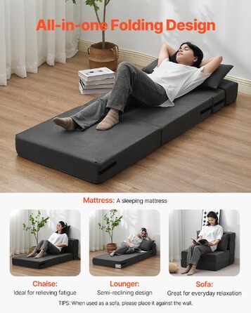 Диван-ліжко VEVOR 3-в-1 розкладний, з подушками, знімним чохлом, піна Memory Foam, сірий (односпальний) 1860x730x150 мм