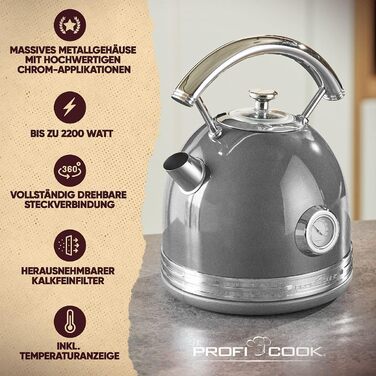 Електрочайник ProfiCook 1,7 л, ретро-дизайн, метал, термометр, 2200 Вт, антрацит