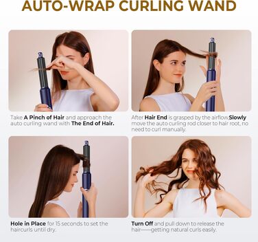 UKLISS 5-в-1 Airstyler Фен-щітка для укладки волосся з насадкою для локонів, 60000 об/хв, блакитний