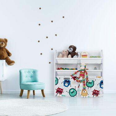Дитяча полиця Relaxdays з 6 ящиками, монстр-дизайн, 2 контейнери на колесах, 80,5x82,5x30 см, біла, органайзер для іграшок