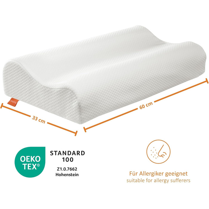Ортопедична подушка для шиї з ефектом пам'яті Memory Foam, ергономічна подушка для сну проти болю в шиї, регульована по висоті, з чохлом, 33x60 см