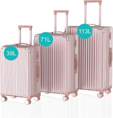 Набір валіз Voyagoux 3 шт. (39л, 71л, 113л), жорсткий ABS, TSA-замок, 4 колеса, легкі, рожеве золото
