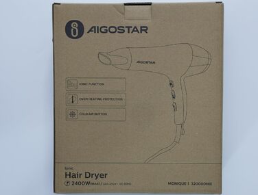Фен для волосся Aigostar Monique 2400Вт з іонізацією, дифузором і насадками, професійний, чорний
