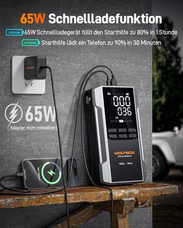 WOLFBOX 4000A: Пускозарядний пристрій з компресором 160PSI, 12V, 65W, 88.8Wh, для бензинових/дизельних двигунів 10L, LED-ліхтар, кабелі для пуску