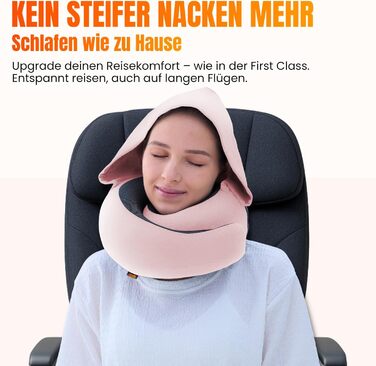 Подорожня подушка для шиї з капюшоном з ефектом пам'яті (Memory Foam) для літака та авто, 100% бавовна, захист від світла, Sakura Pink, Hooded Pro