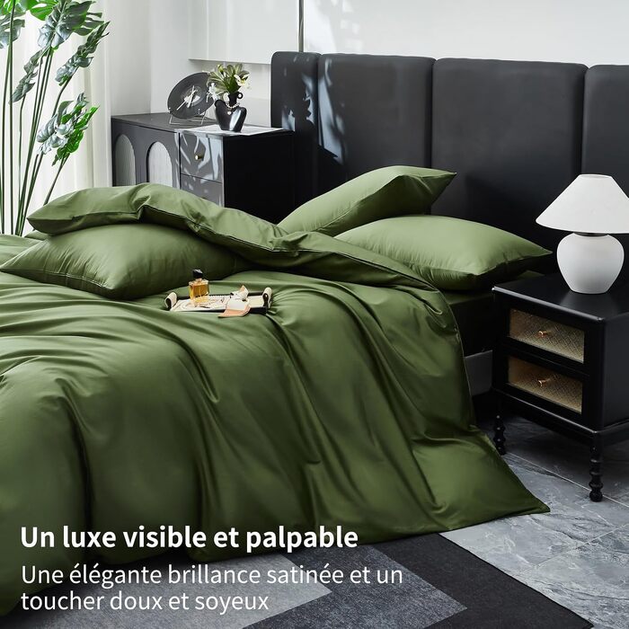 Комплект постільної білизни з бавовняного сатину Deluxe (220x240 см), оливковий — підковдра та 2 наволочки (65x65 см), дихаюча тканина