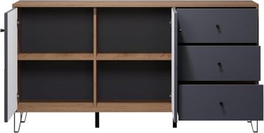 Сервант trendteam smart living Montez, сірий/дуб, 2 двері, 3 шухляди, фрезеровані фасади, металеві ніжки, 183x76x40 см