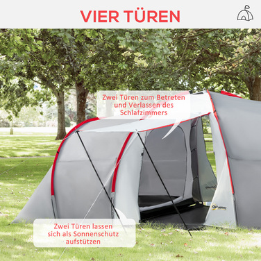 Outsunny Camping Tent, Тунельний намет на 6 осіб з 2 спальнями, вітальня, тамбур, вітрозахисний сімейний намет UV50+ з сумкою для перенесення, 2000 мм водовідштовхувальний засіб для кемпінгу, саду, сірий