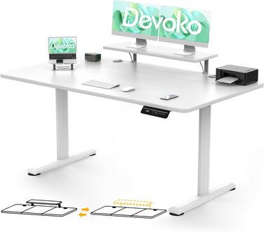 Електричний регульований стіл Devoko 160x70 см з підставкою для монітора та пам'яттю висоти - білий