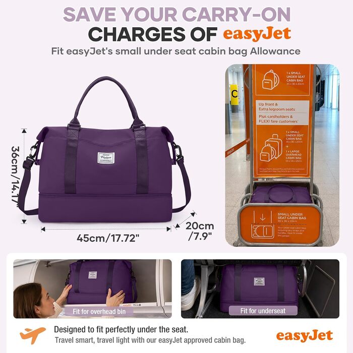 Жіноча дорожня сумка SEAFEW для ручної поклажі Easyjet, спортивна сумка для подорожей (темно-фіолетова), 45x36x20 см, 32 л