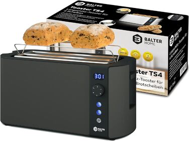 Тостер Balter TS-04-LCD на 4 тости, довгий слот, нержавіюча сталь, підставка для булочок, LCD-дисплей з таймером, функція розморожування, автоматичне центрування хліба, висувний піддон для крихт, чорний