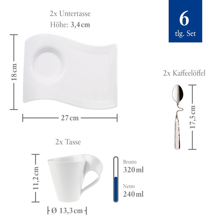 Капучино-сервіз Villeroy & Boch NewWave Premium, 8 предметів на 4 персони, білий, хвильовий дизайн, для посудомийної машини та мікрохвильової печі