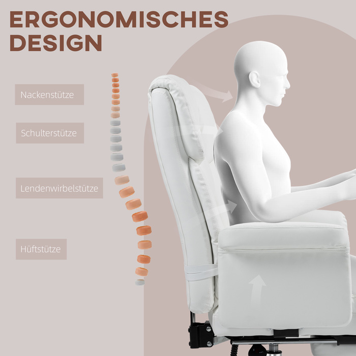 Офісне крісло HOMCOM, ергономічне письмове крісло з функцією відкидання, поперекова подушка, регульоване по висоті комп'ютерне крісло з підставкою для ніг, поворотна функція, для домашнього офісу, штучна шкіра, білий