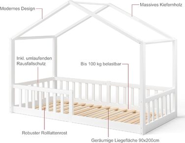 Дитяче ліжко-домік Bellabino Bia 90x200 см з бортиком, роликовою основою, для дітей, Монессорі, підлогове, масив сосни, біле