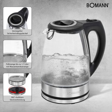 Електрочайник скляний Bomann WKS 6032 G CB, 1,7 л, скло-нерж. сталь, бездротовий, із захистом, обертовий на 360°