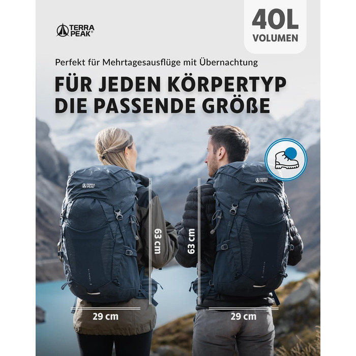 Туристичний рюкзак Terra Peak 40 л з вентильованою спинкою, тримачем для питної системи та дощовиком, для походів і одноденних виїздів, темно-синій