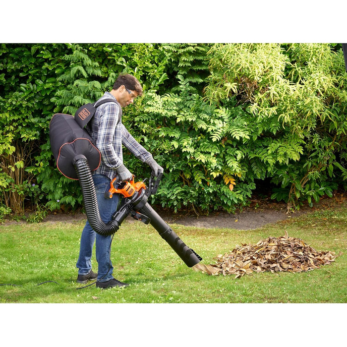 Black+Decker 3-в-1 електропристрій для прибирання листя BEBLV301 (3000 Вт) з подрібнювачем, решетом та мішком-рюкзаком 72л - висока швидкість видуву та регульована потужність всмоктування