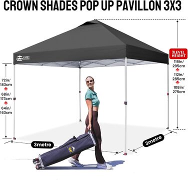 Павільйон CROWN SHADES 3x3: Водостійкий, стабільний, зимостійкий, захист від сонця UV 50+, для кемпінгу, саду та відпочинку. Сірий в клітинку.