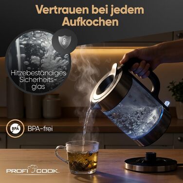 Скляний електрочайник ProfiCook PC WKS 1322, 1.7 л, 2200 Вт, підсвітка, корпус із нержавіючої сталі Dark-inox