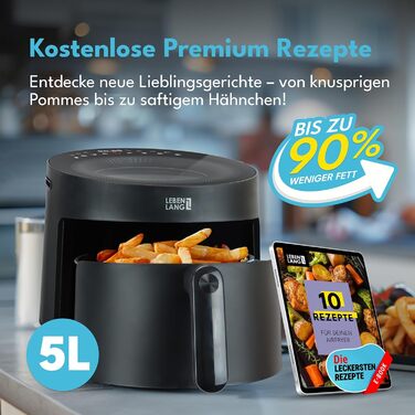 Фритюрниця без олії LEBENLANG 5L, 1500W з рецептами та 8 програмами | Електрична фритюрниця, аір-фрай, гріль