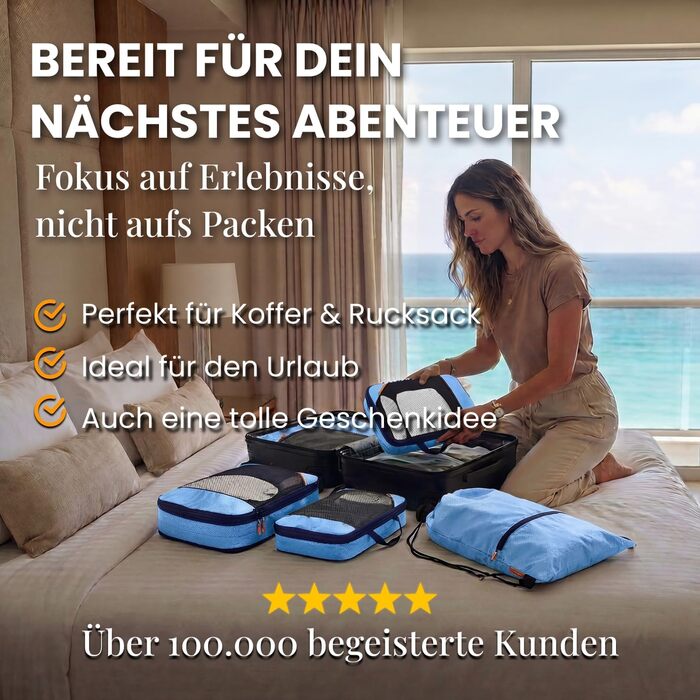 Набір компресійних органайзерів для одягу в дорогу (Packing Cubes), 4 шт, синій Mariner's Azure — аксесуари для валізи, рюкзака, кемпінгу та подорожей